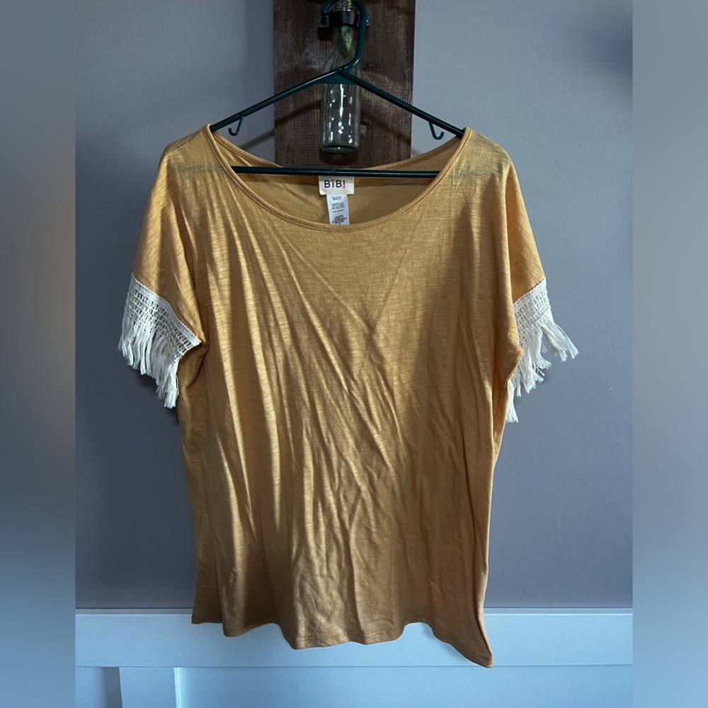 BiBi brand mustard color small shirt with cute detail on arms